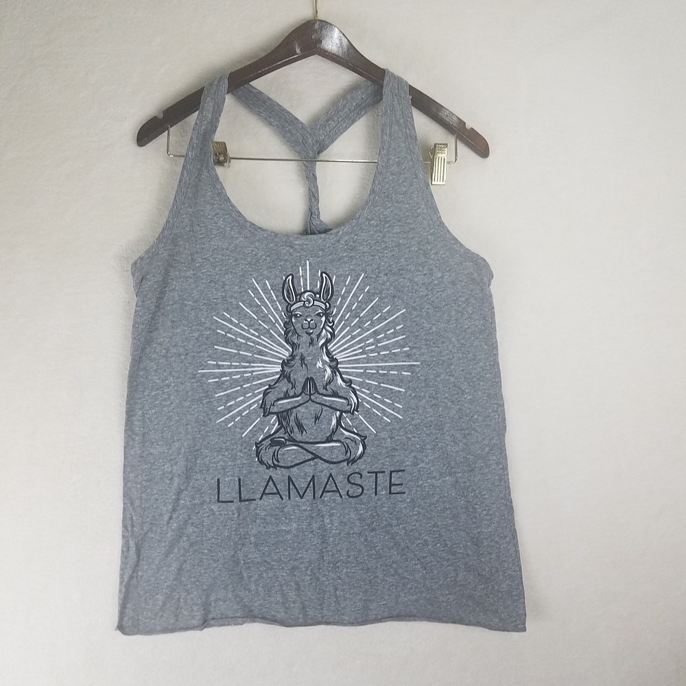 District‎ Llamaste Yoga Tank Top Women's Grey Racerback Graphic Print L